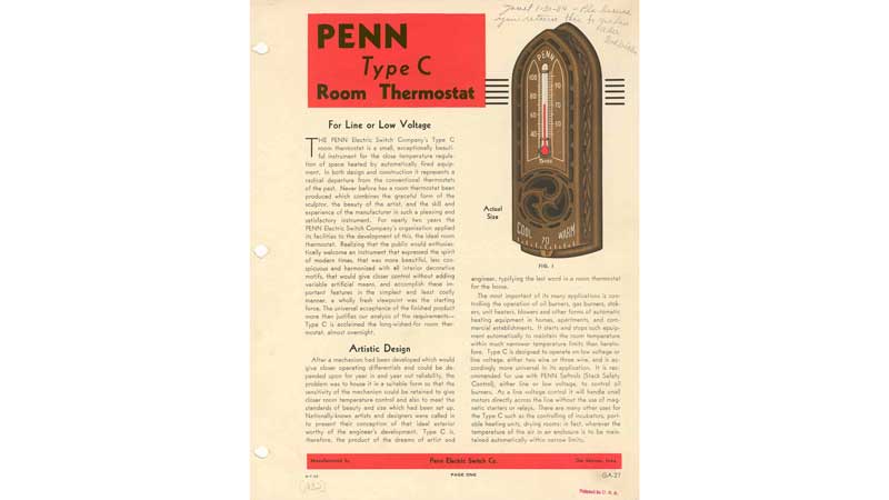 the first wall thermostat for residential service - the Type C thermostat - Penn Electric Machine Company.
